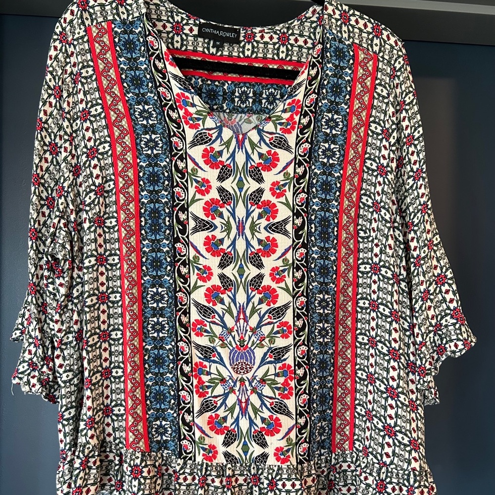 Cynthia Rowley Red and Blue Ruffled Bib Collar Blouse